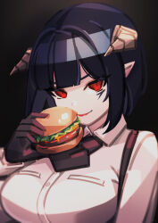 Rule 34 | 1girl, black background, black gloves, breasts, closed mouth, collared shirt, demon girl, demon horns, gloves, highres, hime-sama &quot;goumon&quot; no jikan desu, holding burger, horns, large breasts, lipstick, looking at viewer, makaroll, makeup, purple hair, red eyes, shirt, simple background, slit pupils, smile, solo, suspenders, torture tortura, upper body, white shirt