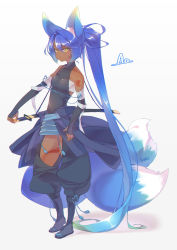 Rule 34 | &gt;:/, 1girl, :/, absurdly long hair, animal ears, bandages, bandaged arm, bandages, bare shoulders, blue hair, breasts, closed mouth, collarbone, dark skin, dark-skinned female, fox ears, fox tail, full body, hand on hilt, highres, japanese clothes, katana, long hair, multiple tails, original, ponytail, sandals, sarashi, shaneru, sheath, sheathed, signature, simple background, small breasts, solo, sword, tail, v-shaped eyebrows, very long hair, weapon, white background, yellow eyes