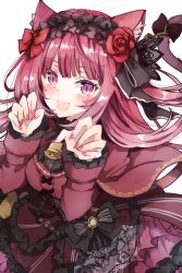 Rule 34 | 1girl, animal ear fluff, animal ears, aruru gray, bell, black hairband, bow, breasts, capelet, cat ears, cat girl, claw pose, commentary, dress, english commentary, floating hair, flower, hair bow, hair flower, hair ornament, hairband, highres, leaning forward, lolita hairband, long hair, medium breasts, nail polish, production kawaii, red bow, red capelet, red dress, red eyes, red flower, red hair, red nails, red rose, rose, smile, solo, sotsunaku, virtual youtuber