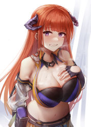 Rule 34 | 1girl, arknights, bagpipe (arknights), bagpipe (queen no. 1) (arknights), bare shoulders, black gloves, breasts, breath, cleavage, crop top, fingerless gloves, gloves, grin, hand on own chest, highres, horns, large breasts, long hair, looking at viewer, midriff, navel, official alternate costume, onedr, orange hair, pouch, purple eyes, smile, solo, stomach, upper body, very long hair, white background