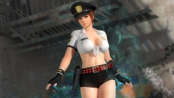 Rule 34 | 1girl, 3d, breasts, brown eyes, brown hair, cleavage, dead or alive, dead or alive 5, fingerless gloves, gloves, hat, large breasts, matching hair/eyes, midriff, navel, official art, phase-4, police, police uniform, policewoman, shorts, solo, tecmo, uniform
