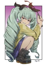 Rule 34 | 1girl, absurdres, anchovy (girls und panzer), artist request, brown eyes, casual, drill hair, fetal position, fingernails, full body, girls und panzer, green hair, hair ribbon, highres, long hair, ribbon, skirt, solo, squatting, twintails, very long hair, white background