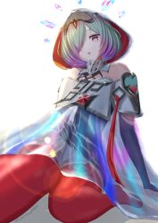 Rule 34 | 1girl, bare shoulders, breasts, brown eyes, circlet, dress, fire emblem, fire emblem heroes, hair over one eye, highres, hood, kvasir (fire emblem), looking at viewer, matoimangekyo, multicolored hair, nintendo, open mouth, red thighhighs, see-through, see-through dress, short hair, sitting, skirt, small breasts, solo, thighhighs, white skirt
