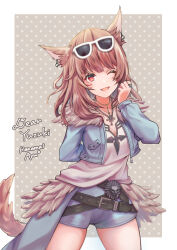 Rule 34 | 1girl, animal ears, arm behind back, ayulilith, belt, blue jacket, blue shorts, breasts, brown hair, cat ears, cat tail, cleavage, commission, cross, cross necklace, earrings, eyebrows hidden by hair, eyewear on head, feet out of frame, final fantasy, final fantasy xiv, hair between eyes, highres, jacket, jewelry, lipstick, long hair, looking at viewer, makeup, miqo&#039;te, multiple belts, multiple necklaces, necklace, one eye closed, red eyes, ring, shirt, shorts, signature, simple background, small breasts, smile, solo, sunglasses, tail, warrior of light (ff14), white-framed eyewear, white shirt