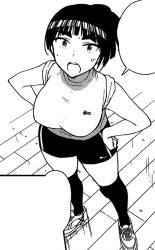 Rule 34 | 1girl, breasts, ebino mei, from above, hatsukoi zombie, large breasts, long hair, monochrome, official art, shorts, sleeves rolled up, socks, thick eyebrows