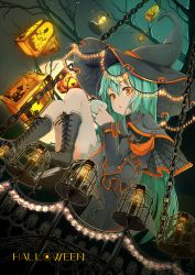 Rule 34 | 1girl, bare tree, black cape, black capelet, black footwear, black hat, black skirt, boots, candle, cape, capelet, chain, cross-laced footwear, cup, full body, green hair, halloween, hat, highres, holding, holding cup, lantern, long hair, looking at viewer, night, original, outdoors, radiosity (yousei), skirt, spider web print, tree, very long hair, witch hat, yellow eyes