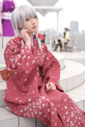 Rule 34 | braid, cosplay, highres, japanese clothes, kimono, nobara, photo (medium), ren (model), silver hair, twin braids