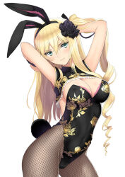 Rule 34 | 1girl, animal ears, arms behind head, arms up, black leotard, blonde hair, blue eyes, blush, breasts, cleavage, closed mouth, commentary request, covered erect nipples, covered navel, fake animal ears, fake tail, fishnet pantyhose, fishnets, floral print, frills, gold trim, hair ornament, highleg, highleg leotard, jin-lian (tony taka), leotard, long hair, looking at viewer, medium breasts, original, pantyhose, playboy bunny, rabbit ears, rabbit tail, shiny skin, simple background, smile, solo, strapless, strapless leotard, tail, tony taka, white background, wrist cuffs