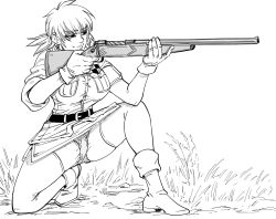 Rule 34 | 1girl, aiming, bb (baalbuddy), belt, boots, closed mouth, commentary, english commentary, female focus, finger on trigger, full body, gloves, grass, greyscale, gun, hellsing, highres, holding, holding gun, holding weapon, jacket, monochrome, panties, pantyshot, ponytail, rifle, seras victoria, simple background, smile, solo, thighhighs, underwear, weapon, white background