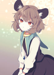 Rule 34 | 1girl, animal ears, blue capelet, capelet, commentary request, crystal, grey skirt, grey vest, jewelry, long sleeves, mouse ears, mouse girl, nazrin, pendant, red eyes, shirt, short hair, skirt, skirt set, solo, tomobe kinuko, touhou, upper body, vest, white shirt