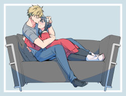 Rule 34 | 1boy, 1girl, bare shoulders, black hair, blonde hair, blush, couch, couple, hairband, hetero, hug, husband and wife, indoors, kamimiya, long hair, long sleeves, lying, on couch, red eyes, red sweater, shirt, short hair, sitting, spy x family, surprised, sweater, twilight (spy x family), yor briar