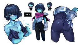 Rule 34 | ..., 1boy, armor, ass, ass grab, black bodysuit, black hair, blue skin, bodysuit, bulge, clenched hands, closed mouth, colored skin, deltarune, doppel (bonnypir), gloves, grabbing own ass, hair over one eye, kris (deltarune), looking at viewer, male focus, multiple views, nipples, no eyes, parted lips, red eyes, scarf, simple background, sweat, white background, white gloves