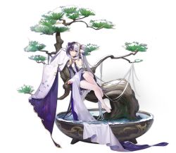 Rule 34 | 1girl, azur lane, bare shoulders, blue eyes, blush, branch, cone hair bun, dress, feet, fur-trimmed sleeves, fur trim, hair bun, hair ornament, highres, in tree, long hair, looking at viewer, multicolored hair, official alternate costume, official art, open mouth, pantyhose, sitting, sitting in tree, smile, snow, transparent background, tree, two-tone hair, very long hair, white dress, white pantyhose, ying swei (azur lane), ying swei (snowy pine&#039;s warmth) (azur lane), yyy (zelda10010)