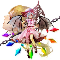 Rule 34 | 2girls, ankle cuffs, anklet, bat wings, blonde hair, blue hair, bow, chain, crystal, dress, flandre scarlet, hands on own hips, hat, hat bow, head tilt, jewelry, long hair, mob cap, multiple girls, nokuran, polearm, red eyes, remilia scarlet, short hair, side ponytail, slit pupils, solo focus, spear, spear the gungnir, touhou, weapon, wings, wrist cuffs