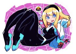 Rule 34 | 1girl, :d, absurdres, backpack, bag, bag charm, black headband, blonde hair, blue bag, blue eyes, blush stickers, bodysuit, breasts, cellphone, charm (object), earbuds, earphones, full body, gwen stacy, headband, highres, holding, holding phone, hood, hood down, hooded bodysuit, hooded jacket, jacket, jaggy lines, leopardon, looking at viewer, lying, marvel, medium hair, on back, open mouth, phone, rariatto (ganguri), silk, small breasts, smartphone, smile, solo, sp//dr, spider-gwen, spider-man: into the spider-verse, spider-man (series), spider-man (toei), spider-verse, spider web