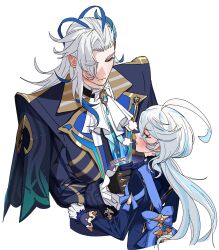 Rule 34 | 1boy, 1girl, ahoge, ascot, black gloves, blue ascot, blue hair, blue jacket, blush, closed eyes, closed mouth, feather hair ornament, feathers, furina (genshin impact), genshin impact, gloves, hair between eyes, hair ornament, heterochromia, highres, jacket, long hair, looking at viewer, multicolored hair, neuvillette (genshin impact), open mouth, sidelocks, simple background, streaked hair, two-tone hair, upper body, white ascot, white background, white gloves, white hair, yang521212