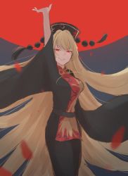Rule 34 | 1girl, arm up, belt, black dress, black hat, blonde hair, closed mouth, crescent, dress, hand up, hat, highres, junko (touhou), long hair, looking at viewer, nano popo02, one-hour drawing challenge, phoenix crown, pom pom (clothes), red eyes, smile, solo, standing, tabard, teeth, touhou, very long hair, wide sleeves