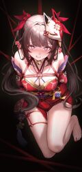Rule 34 | 1girl, bare shoulders, barefoot, bdsm, bell, black choker, bondage, bound, bound arms, breasts, brown hair, choker, cleavage, dress, fox mask, grin, highres, honkai: star rail, honkai (series), hungz, long hair, looking at viewer, mask, mask on head, medium breasts, neck bell, nervous smile, pink eyes, red dress, rope, shibari, shibari over clothes, smile, solo, sparkle (honkai: star rail), suspension, twintails