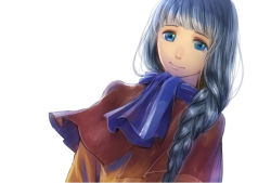 Rule 34 | 1girl, blue eyes, blue scarf, braid, long hair, looking at viewer, low-braided long hair, low-tied long hair, platina (valkyrie profile), portrait, scarf, shumizoku, silver hair, solo focus, valkyrie profile (series)