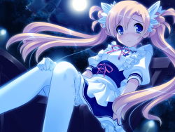 Rule 34 | 1girl, blonde hair, blush, chime milhawks, full moon, game cg, gloves, long hair, moon, night, primary ~magical trouble scramble~, sitting, solo, thighhighs, tsurugi hagane, twintails, white thighhighs