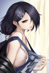 Rule 34 | 1girl, :p, absurdres, azur lane, black hair, breasts, cassin (azur lane), cassin (retrofit) (azur lane), clothes pull, clothes writing, commentary request, curtains, emblem, from side, hair and beard, hair ornament, hair over one eye, hair ribbon, hairclip, heterochromia, highres, looking at viewer, low ponytail, medium hair, mole, mole under eye, nipples, orange eyes, ribbon, shirt, shirt pull, sleeveless, sleeveless shirt, small breasts, solo, tongue, tongue out, upper body, window, yellow eyes