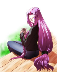 Rule 34 | 00s, 1girl, casual, cup, denim, fate/stay night, fate (series), glasses, jeans, long hair, low-tied long hair, medusa (fate), medusa (rider) (fate), official alternate costume, pants, purple eyes, purple hair, sitting, solo, sweater, tea, very long hair