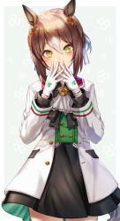 Rule 34 | 1girl, animal ears, blush, border, brown hair, buttons, closed mouth, cowboy shot, fine motion (umamusume), gloves, hair between eyes, highres, horse ears, horse girl, horse tail, jacket, long sleeves, looking at viewer, multicolored hair, open clothes, open jacket, short hair, smile, solo, tail, two-tone hair, umamusume, white border, white gloves, white hair, white jacket, yellow eyes, yu ni t