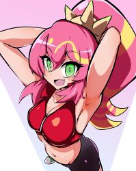 Rule 34 | 1girl, :d, armpits, arms behind head, arms up, bike shorts, blonde hair, blush stickers, crop top, fang, green eyes, hair ornament, highres, ki-sikil (yu-gi-oh!), live twin ki-sikil, midriff, multicolored hair, navel, open mouth, pink hair, ponytail, smile, solo, streaked hair, synchroman, yu-gi-oh!