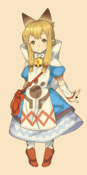 Rule 34 | 1girl, animal ears, bag, bell, neck bell, blonde hair, blush, bow, bowtie, capelet, cat ears, choker, collagen, dress, full body, grey eyes, handbag, looking at viewer, meowstress, monster hunter (series), monster hunter x, paw print, pointy ears, puffy short sleeves, puffy sleeves, short sleeves, sidelocks, smile, solo, white bow