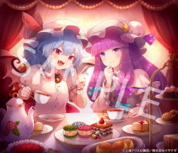 Rule 34 | 2girls, 60mai, blue hair, bow, cake, closed mouth, coffee, commentary request, curtains, fang, food, frilled sleeves, frills, hair between eyes, hat, hat bow, holding, indoors, jewelry, long hair, looking at another, multiple girls, open mouth, partial commentary, patchouli knowledge, pendant, purple eyes, purple hair, red eyes, remilia scarlet, sample watermark, short hair, smile, sweets, table, touhou, watermark