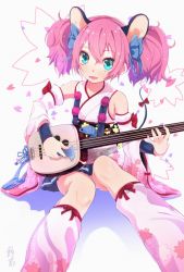 Rule 34 | 10s, 1girl, animal ears, blue eyes, blue hair, blush, detached sleeves, guitar, hato haru, instrument, japanese clothes, kimono, kimono skirt, leg warmers, looking at viewer, matching hair/eyes, open mouth, pink hair, show by rock!!, smile, solo, tail, un (show by rock!!), wide sleeves