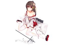 Rule 34 | 1girl, allenes, bare shoulders, blush, breasts, brown hair, cleavage, closed mouth, collarbone, frown, highres, japanese clothes, long hair, looking at viewer, medium breasts, miko, official art, red eyes, red skirt, sandals, shikinami (warship girls r), simple background, sitting, skirt, solo, thighhighs, torn clothes, torn skirt, torn thighhighs, warship girls r, white background, white thighhighs