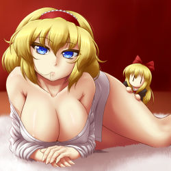 Rule 34 | 1girl, alice margatroid, bare shoulders, blonde hair, blue eyes, breasts, cleavage, hair in own mouth, hairband, highres, huge breasts, looking at viewer, lying, mouth hold, naked shirt, seli, shanghai doll, shirt, source request, touhou, | |