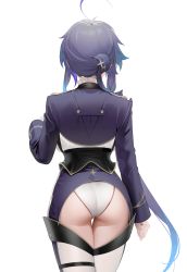Rule 34 | 1girl, absurdres, ahoge, ass, ass cutout, asymmetrical hair, azur lane, backboob, breasts, clenched hand, clothing cutout, commentary request, cowboy shot, foch (azur lane), from behind, gradient hair, highres, jacket, leotard, long hair, long sleeves, military, military uniform, multicolored hair, ohisashiburi, purple hair, purple jacket, simple background, solo, thighhighs, uniform, white background, white leotard