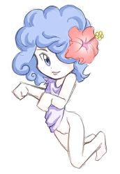Rule 34 | 1girl, blue eyes, blue hair, cleft of venus, dress, flower, hair flower, hair ornament, hair over one eye, long hair, looking at viewer, lowres, no panties, noise (lesion949), paw pose, purple dress, pussy, sleeveless, sleeveless dress, white background