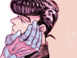 Rule 34 | 1boy, black hair, crazy diamond, half-closed eyes, hand on another&#039;s cheek, hand on another&#039;s face, higashikata josuke, jojo no kimyou na bouken, looking at another, merumeru626, out of frame, pompadour, profile, smile, solo focus, stand (jojo)