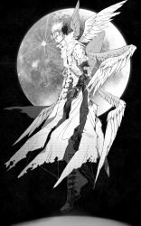 Rule 34 | 1boy, boots, closed mouth, coat, earrings, feathered wings, full body, full moon, gannnmoo, glasses, gloves, greyscale, highres, jewelry, long sleeves, male focus, monochrome, moon, multiple wings, pants, profile, round eyewear, short hair, single earring, solo, trigun, vash the stampede, wings