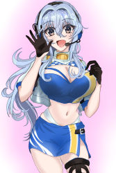 Rule 34 | 1girl, bandeau, black gloves, blue bandeau, blue hair, blue skirt, breasts, brown eyes, chamumi (mochiumee), checkered clothes, cleavage, commentary request, cowboy shot, crop top, cropped jacket, gloves, gotland (kancolle), half gloves, headphones, headset, highleg, highleg panties, highres, jacket, kantai collection, large breasts, long hair, microphone, miniskirt, mole, mole under eye, panties, race queen, skirt, smile, solo, underwear, waving, white jacket, white panties