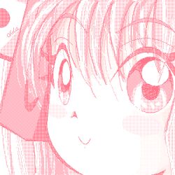 1girl bad_id blush close-up closed_mouth commentary dated_commentary di_gi_charat english_commentary hair_between_eyes lola-art long_hair lowres monochrome oekaki pink_theme signature smile solo usada_hikaru