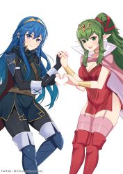 Rule 34 | 2girls, :d, belt, black cape, black gloves, black pants, blue dress, blue eyes, blue footwear, blue hair, blush, boots, bracer, breasts, cape, choker, chungmechanic, cleavage, commentary, dress, elbow gloves, english commentary, feet out of frame, fire emblem, fire emblem awakening, garter straps, gloves, green eyes, green hair, headpiece, heart, heart hands, heart hands duo, high ponytail, highres, holding hands, interlocked fingers, long hair, looking at viewer, lucina (fire emblem), medium breasts, multiple girls, nintendo, open mouth, pants, pink cape, pink legwear, pointy ears, red dress, red footwear, short dress, side slit, sidelocks, simple background, skindentation, sleeveless, sleeveless dress, smile, standing, thigh boots, thighhighs, thighhighs under boots, tiara, tiki (adult) (fire emblem), tiki (fire emblem), twitter username, white background, wrist cuffs, yellow choker