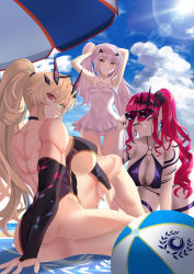 Rule 34 | 3girls, absurdres, arm tattoo, ass, ball, bare shoulders, beach, beach umbrella, beachball, biceps, bikini, black bikini, blonde hair, blue sky, breasts, bridal gauntlets, brown eyes, choker, cleavage, collarbone, detached sleeves, dress swimsuit, earrings, barghest (fate), melusine (fate), baobhan sith (fate), fate/grand order, fate (series), forked eyebrows, green eyes, grey eyes, grin, heterochromia, highleg, highleg swimsuit, highres, horns, huge filesize, jewelry, knee up, large breasts, lens flare, long hair, looking at viewer, multiple girls, muscular, muscular female, nemurinemuri, one-piece swimsuit, pink hair, pointy ears, ponytail, red eyes, shore, side ponytail, sidelocks, sitting, sky, small breasts, smile, sunlight, swimsuit, tattoo, thighs, tiara, toned, tying hair, umbrella, underboob, vine print, white hair, white one-piece swimsuit