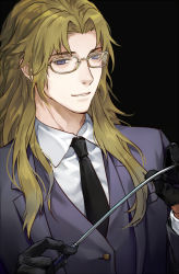 Rule 34 | 1boy, bad id, bad pixiv id, bespectacled, black background, blonde hair, blue eyes, brown hair, changye, chiron (fate), fate/apocrypha, fate/grand order, fate (series), formal, glasses, gloves, holding, holding riding crop, long hair, male focus, riding crop, sidelocks, smile, solo, suit