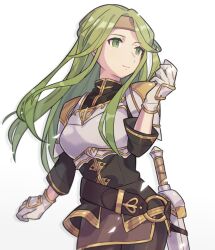Rule 34 | 1girl, armor, breastplate, brown hairband, closed mouth, commentary, fire emblem, fire emblem: the sacred stones, gloves, gold trim, green eyes, green hair, haconeri, hairband, long hair, nintendo, pantyhose, sheath, sheathed, shoulder armor, simple background, smile, solo, sword, syrene (fire emblem), weapon, white background, white gloves
