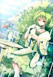 Rule 34 | 1girl, bad id, bad pixiv id, cup, dress, dutch angle, flower, green dam, green hair, hair ornament, lethe wakako, os-tan, personification, prince airo, red eyes, sitting, socks, solo, table, teacup, twintails, vase, white socks