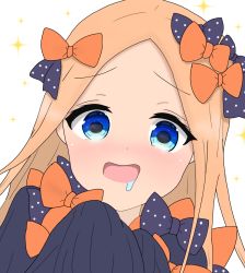 Rule 34 | 1girl, :d, abigail williams (fate), atsumisu, bad id, bad pixiv id, black bow, black dress, blonde hair, blue eyes, blush, bow, commentary request, dress, drooling, dutch angle, fate/grand order, fate (series), forehead, hands up, highres, long hair, long sleeves, no headwear, open mouth, orange bow, parted bangs, polka dot, polka dot bow, saliva, simple background, sleeves past fingers, sleeves past wrists, smile, solo, upper body, white background