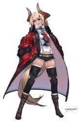 Rule 34 | 1girl, belt, black thighhighs, blonde hair, boots, cutoffs, denim, denim shorts, full body, fur trim, ganesagi, hands in pockets, highres, horns, jacket, legs apart, long hair, long jacket, open clothes, open jacket, original, pointy ears, red eyes, short shorts, shorts, signature, simple background, smile, solo, standing, thighhighs, thighhighs under boots, very long hair, white background