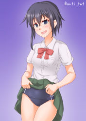 Rule 34 | 1girl, anti (untea9), asymmetrical hair, black hair, blue one-piece swimsuit, blush, brown eyes, clothes lift, commentary, dress shirt, gradient background, green skirt, hair between eyes, highres, i-14 (kancolle), kantai collection, looking at viewer, one-piece swimsuit, pleated skirt, red neckwear, school swimsuit, school uniform, shirt, short hair, short sleeves, skirt, skirt lift, smile, solo, swimsuit, swimsuit under clothes, twitter username, white hair