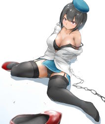 Rule 34 | 10s, 1girl, arms behind back, bakkanki, beret, black bra, black hair, black panties, black thighhighs, blouse, bra, breasts, chain, cleavage, female focus, full body, garter straps, hat, kantai collection, large breasts, off shoulder, panties, pantyshot, red eyes, shirt, shoes, simple background, single shoe, sitting, solo, takao (kancolle), thighhighs, underwear, white background