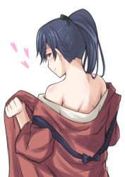 Rule 34 | 10s, 1girl, back, blue eyes, blue hair, from behind, hair over shoulder, highres, houshou (kancolle), ippachi, japanese clothes, kantai collection, kimono, long hair, looking at viewer, matching hair/eyes, nape, naughty face, open clothes, open kimono, ponytail, smile, solo, undressing, upper body