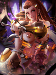Rule 34 | 1girl, absurdres, armor, artist name, bare shoulders, bearwitch, breasts, brigitte (overwatch), brown eyes, brown hair, character name, clock, collarbone, commentary, copyright name, cowboy shot, digital clock, freckles, heart, heart-shaped gem, highres, holding, holding wrench, holographic interface, light smile, lips, long hair, looking at viewer, medium breasts, nipple jewelry, overwatch, overwatch 1, panties, parted lips, partially undressed, pasties, pixel heart, ponytail, purple background, revealing clothes, sidelocks, solo, underwear, white panties, wrench